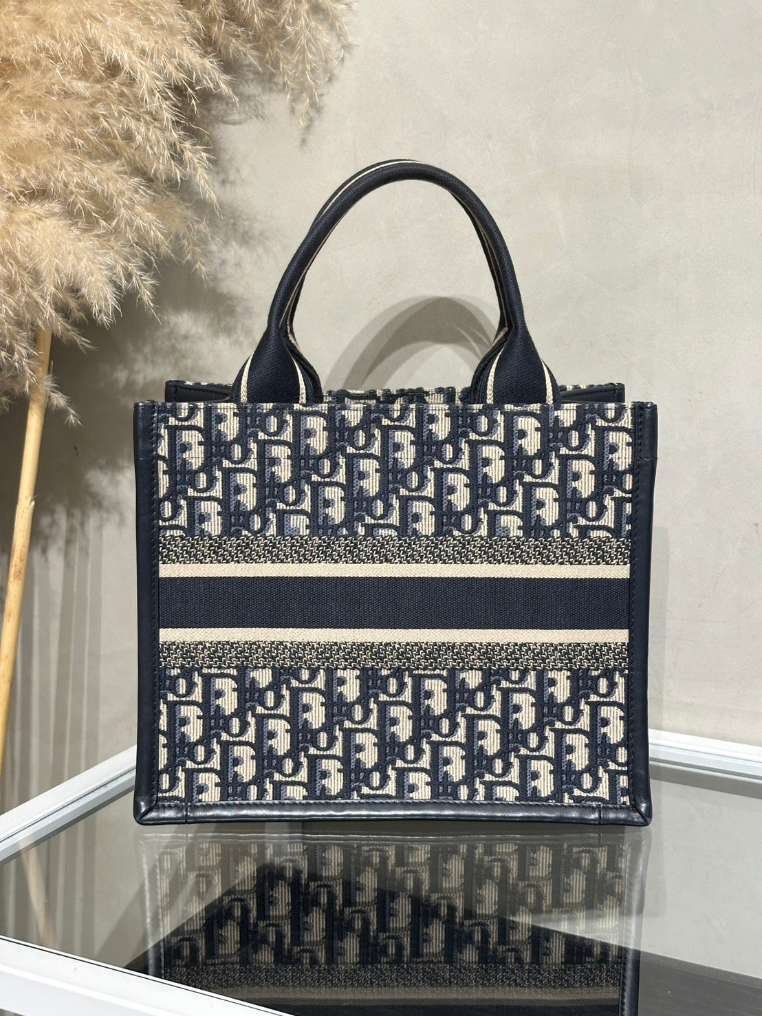DIOR 刺繡老花背帶款Tote - 小號深藍