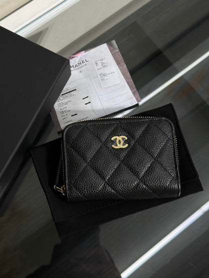 CHANEL 經典粒面牛皮拉鍊零錢包 - 黑金