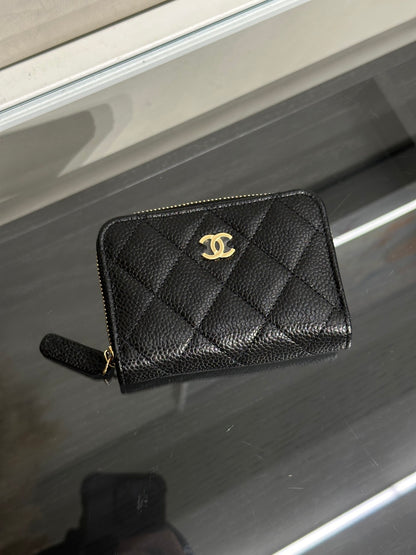 CHANEL 經典粒面牛皮拉鍊零錢包 - 黑金