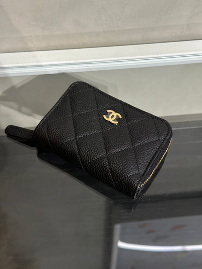 CHANEL 經典粒面牛皮拉鍊零錢包 - 黑金