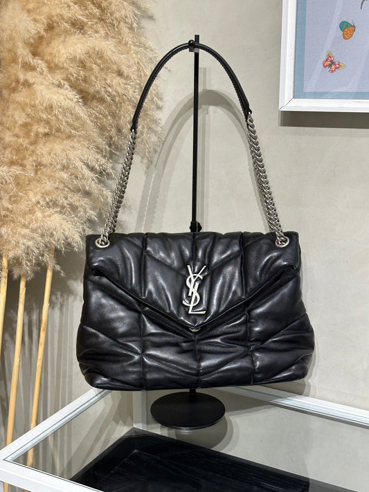 YSL Puffer小羊皮單肩包 - 中號黑銀