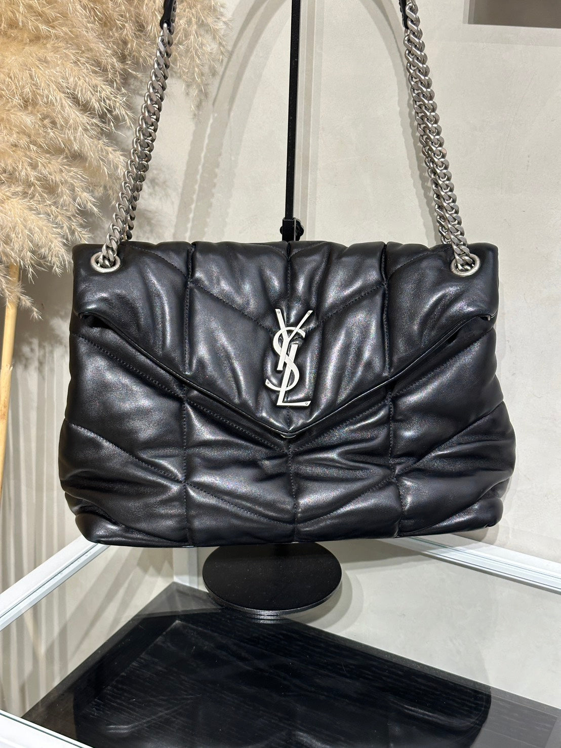 YSL Puffer小羊皮單肩包 - 中號黑銀