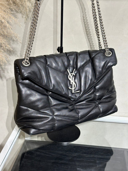 YSL Puffer小羊皮單肩包 - 中號黑銀