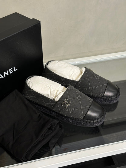 CHANEL 帆布草編漁夫鞋 - 黑  37