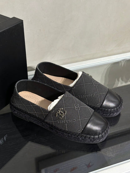 CHANEL 帆布草編漁夫鞋 - 黑  37