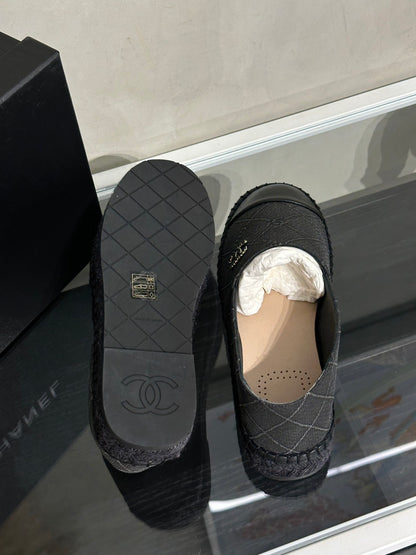 CHANEL 帆布草編漁夫鞋 - 黑  37