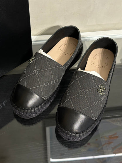 CHANEL 帆布草編漁夫鞋 - 黑  37