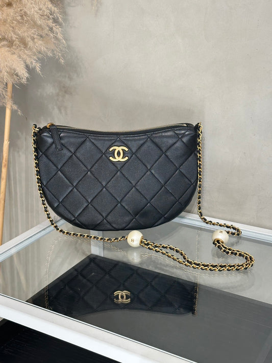CHANEL 24S珍珠湯圓調節月亮包 - 大號黑金