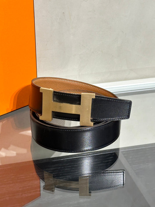 HERMES H金皮帶釦雙面腰帶 - 黑拚棕 120
