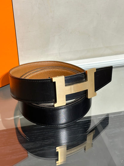 HERMES H金皮帶釦雙面腰帶 - 黑拚棕 120