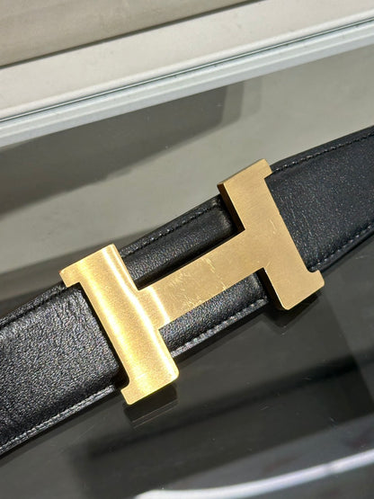 HERMES H金皮帶釦雙面腰帶 - 黑拚棕 120