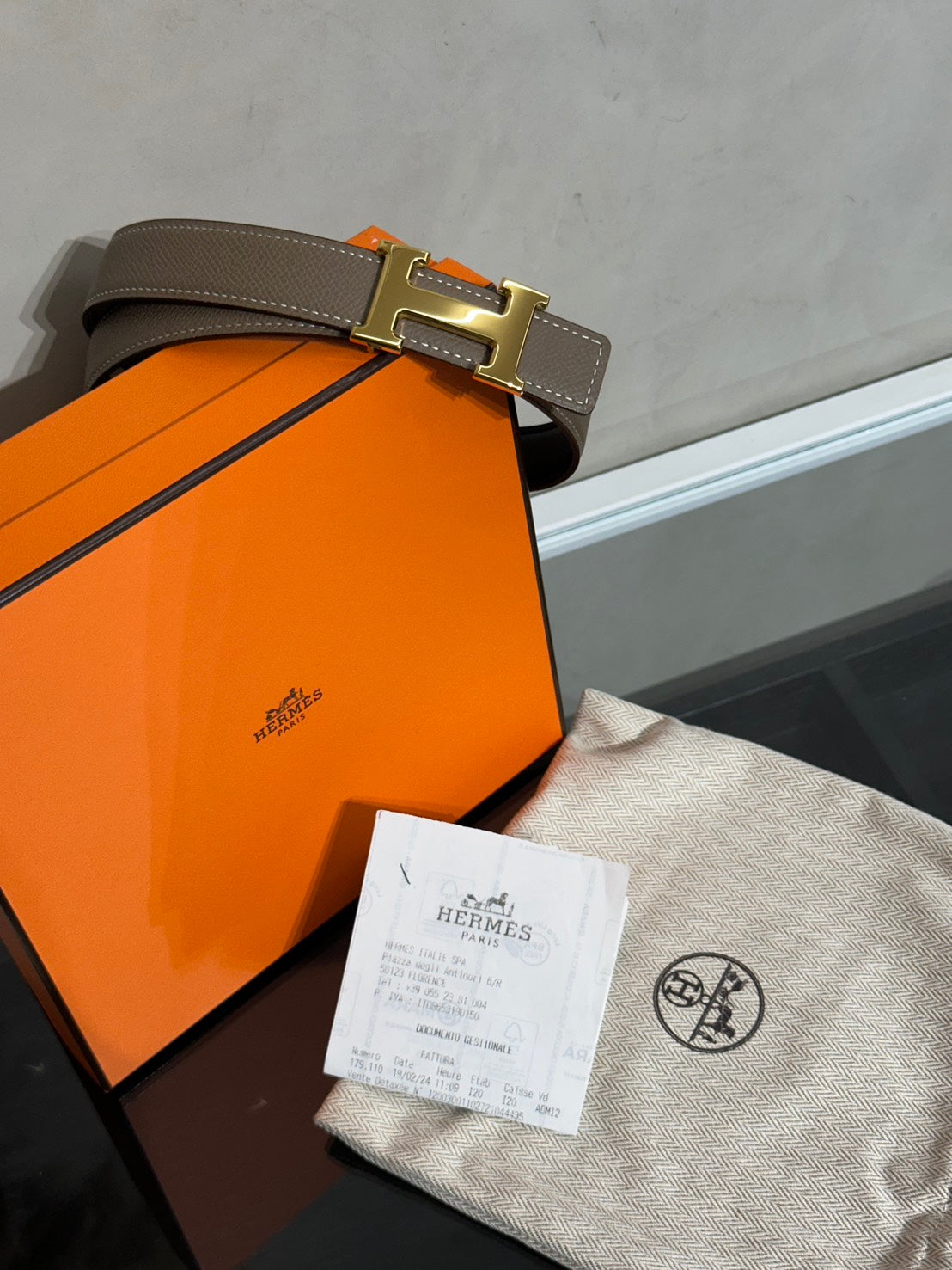 HERMES H金皮帶釦雙面腰帶 - 大象灰拚黑 70