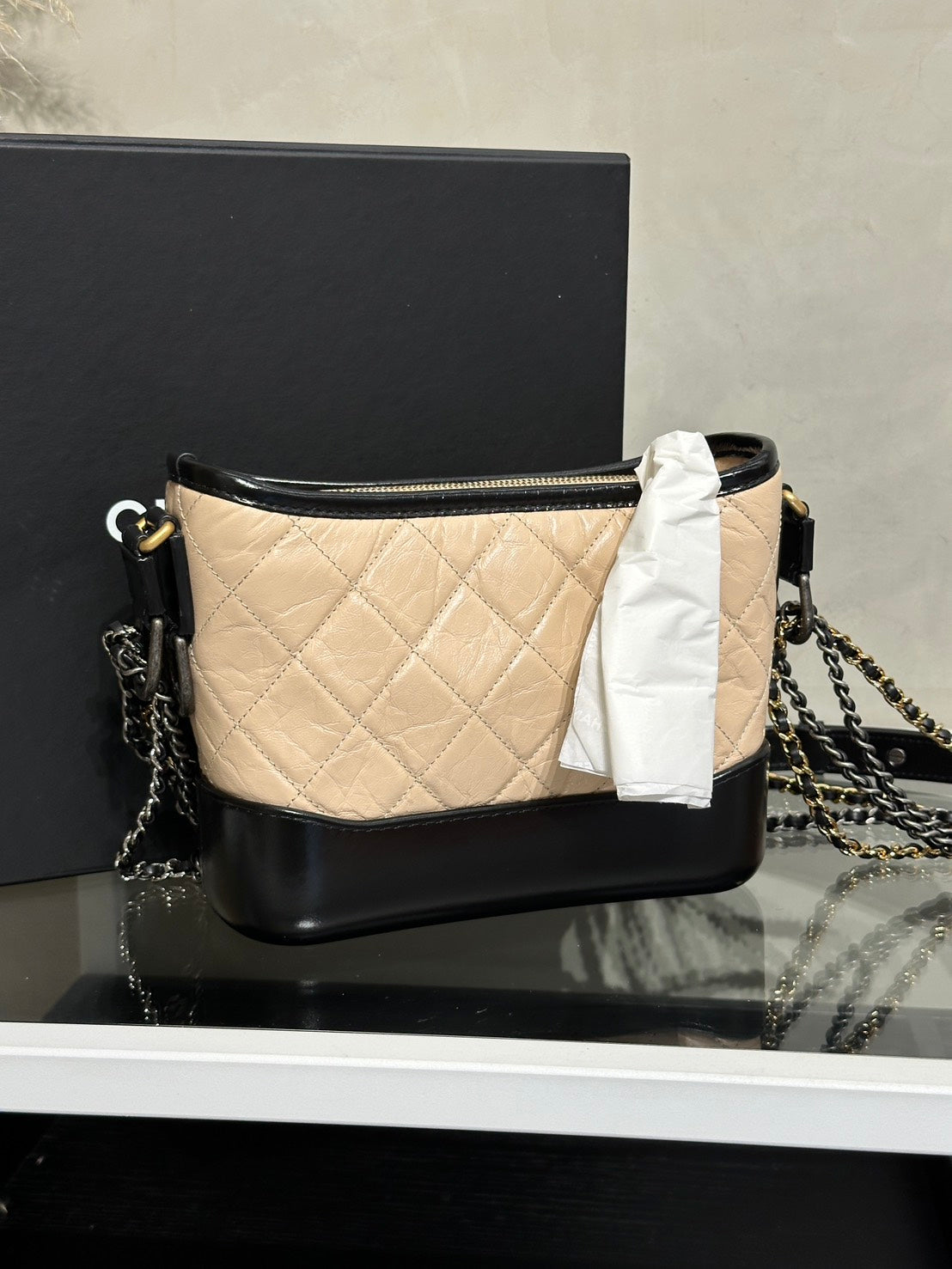 CHANEL 雙鍊條流浪包 - 小號米黑25開