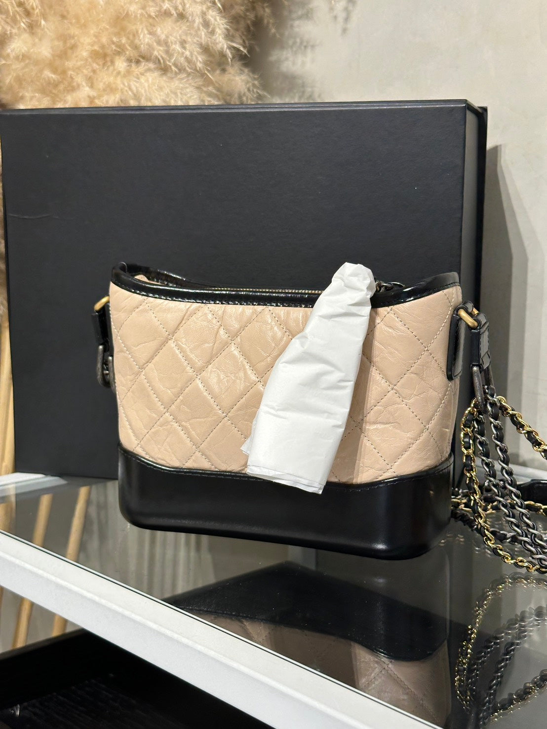 CHANEL 雙鍊條流浪包 - 小號米黑25開