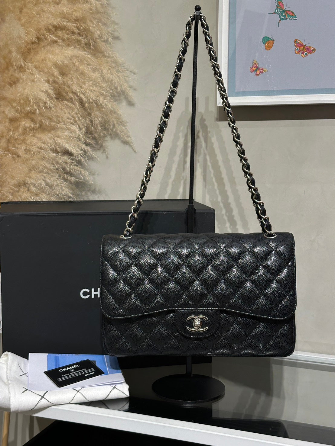 CHANEL 經典口蓋包Jumbo CF30 - 粒面牛皮黑銀28開
