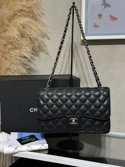 CHANEL 經典口蓋包Jumbo CF30 - 粒面牛皮黑銀28開