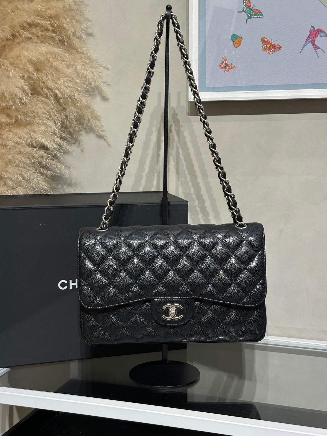 CHANEL 經典口蓋包Jumbo CF30 - 粒面牛皮黑銀28開