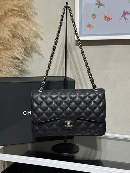 CHANEL 經典口蓋包Jumbo CF30 - 粒面牛皮黑銀28開