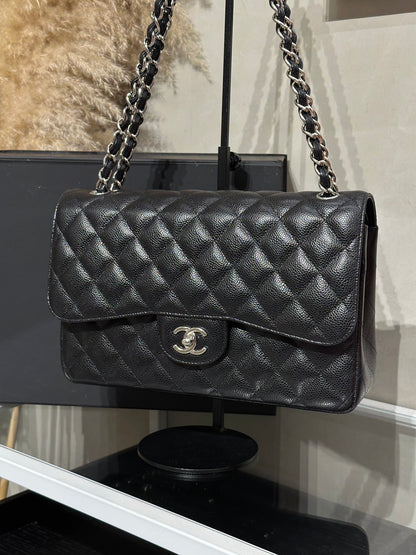 CHANEL 經典口蓋包Jumbo CF30 - 粒面牛皮黑銀28開