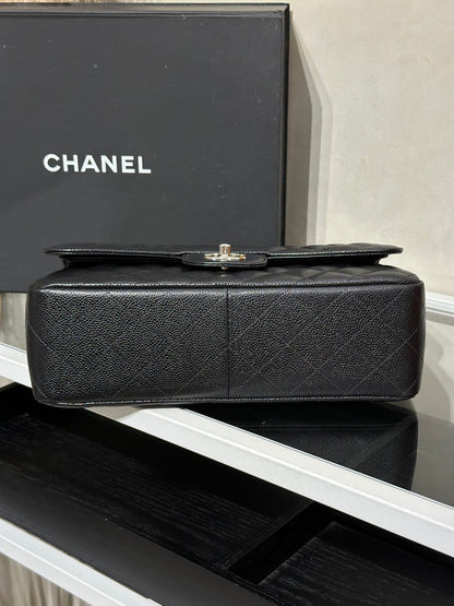 CHANEL 經典口蓋包Jumbo CF30 - 粒面牛皮黑銀28開