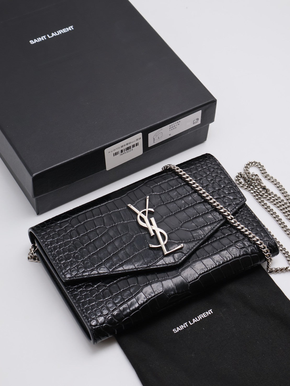 YSL 鱷魚壓紋信封鍊包 - 黑銀