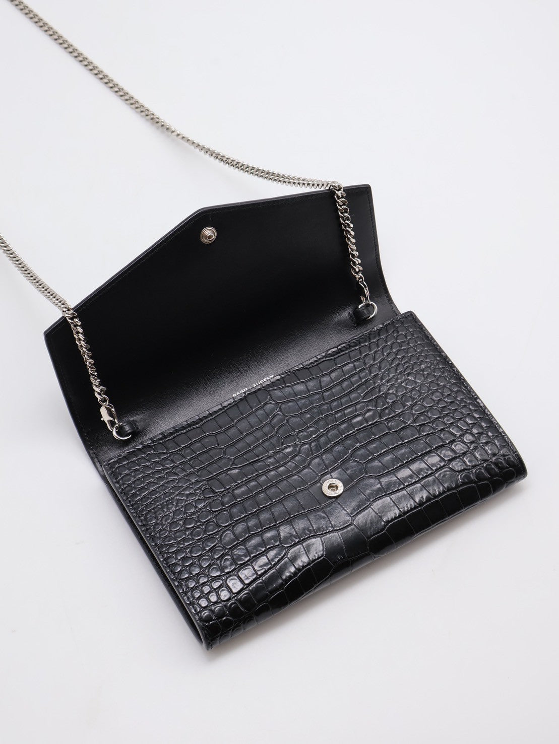 YSL 鱷魚壓紋信封鍊包 - 黑銀