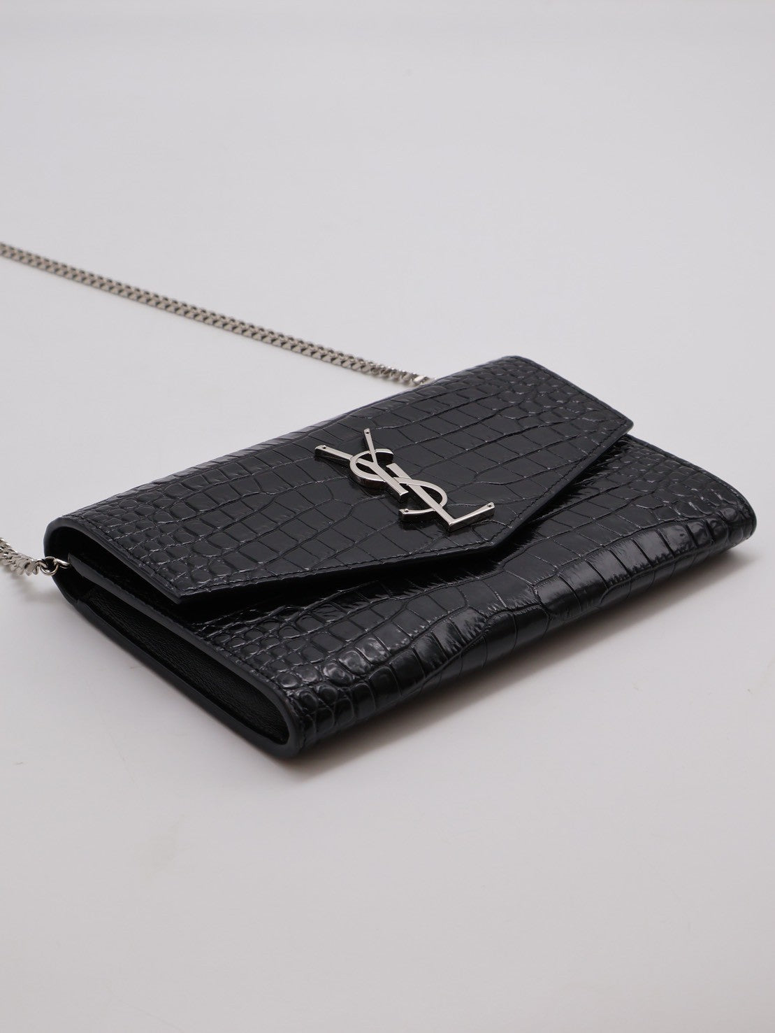 YSL 鱷魚壓紋信封鍊包 - 黑銀