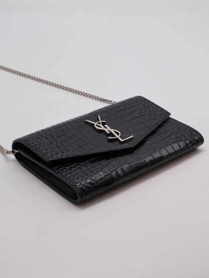 YSL 鱷魚壓紋信封鍊包 - 黑銀
