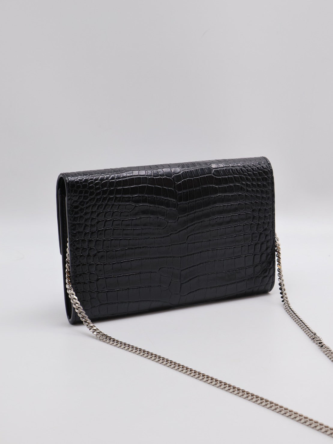 YSL 鱷魚壓紋信封鍊包 - 黑銀