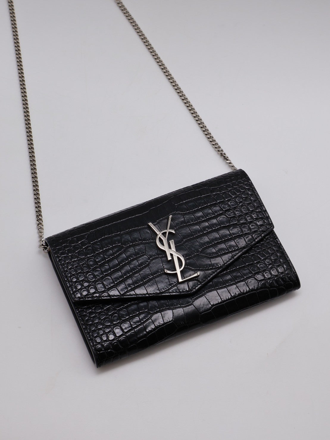 YSL 鱷魚壓紋信封鍊包 - 黑銀