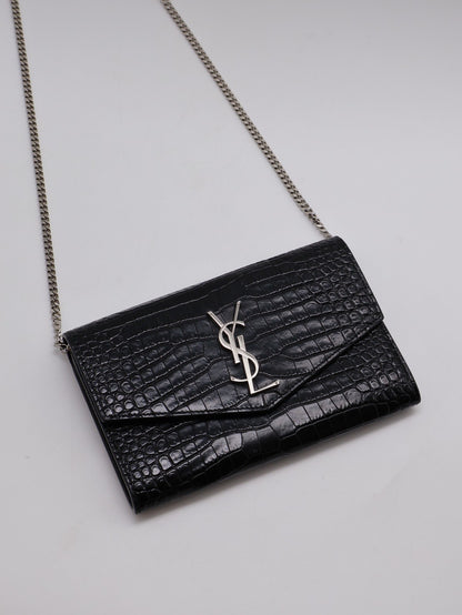 YSL 鱷魚壓紋信封鍊包 - 黑銀