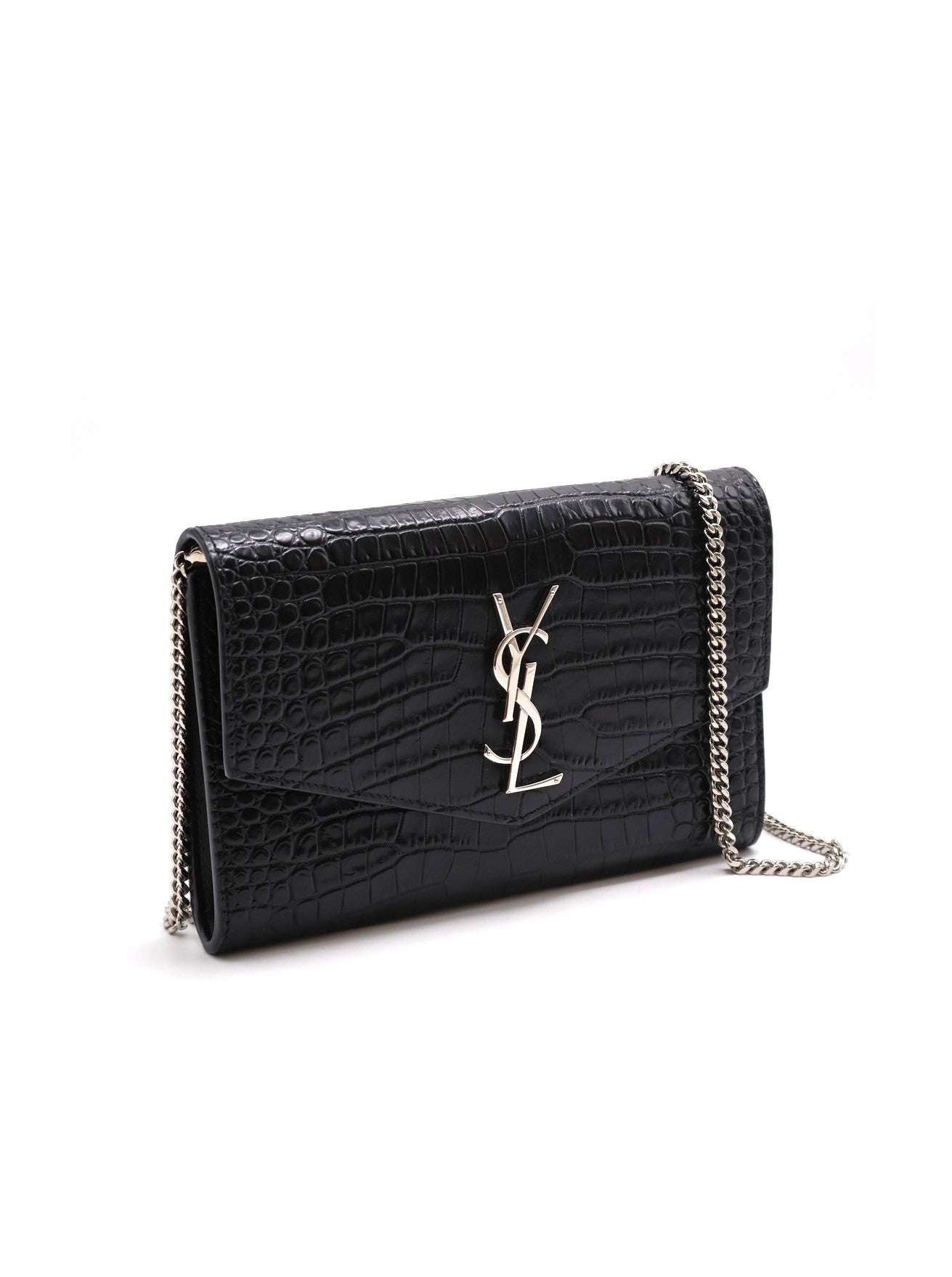 YSL 鱷魚壓紋信封鍊包 - 黑銀