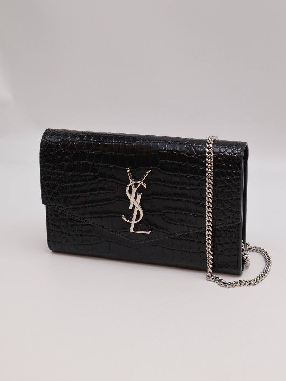 YSL 鱷魚壓紋信封鍊包 - 黑銀
