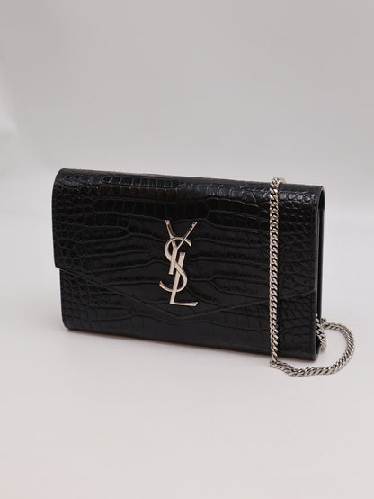 YSL 鱷魚壓紋信封鍊包 - 黑銀