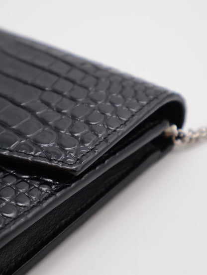 YSL 鱷魚壓紋信封鍊包 - 黑銀