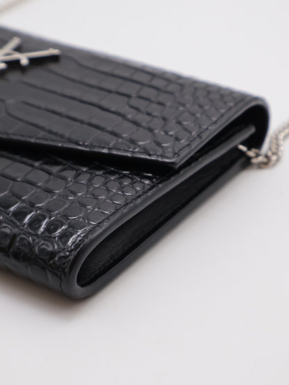 YSL 鱷魚壓紋信封鍊包 - 黑銀