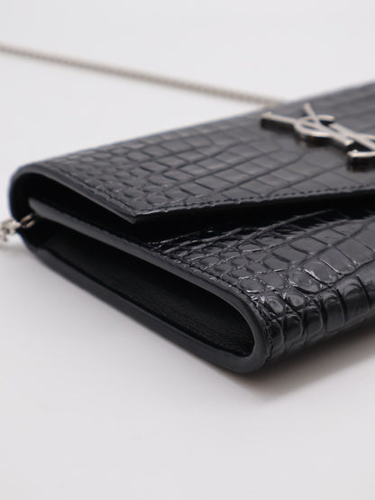 YSL 鱷魚壓紋信封鍊包 - 黑銀