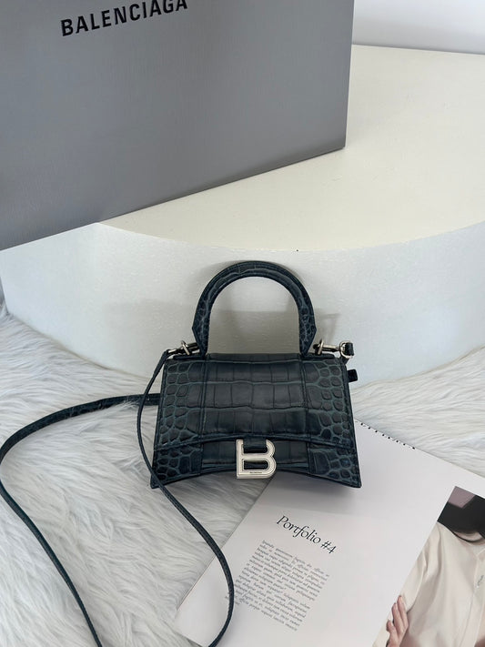 Balenciaga 閃亮小牛皮鱷魚壓紋沙漏包 - XS暗藍銀