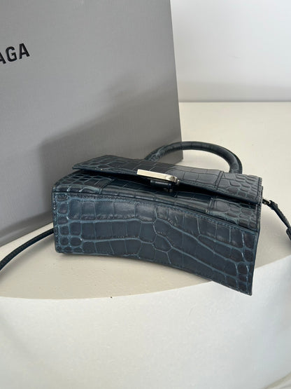 Balenciaga 閃亮小牛皮鱷魚壓紋沙漏包 - XS暗藍銀
