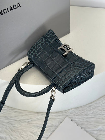 Balenciaga 閃亮小牛皮鱷魚壓紋沙漏包 - XS暗藍銀