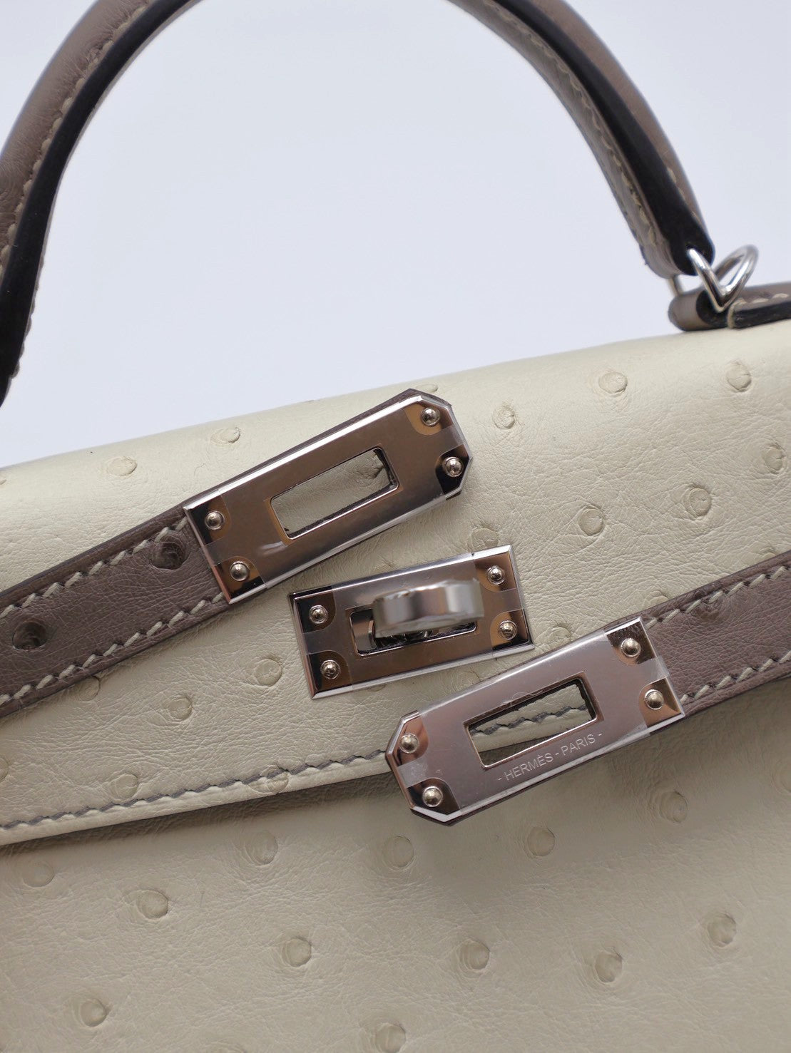HERMES Mini Kelly ll - Nata/Etoupe 鴕鳥皮奶油白拚大象灰銀 K
