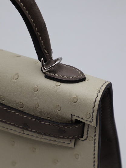 HERMES Mini Kelly ll - Nata/Etoupe 鴕鳥皮奶油白拚大象灰銀 K