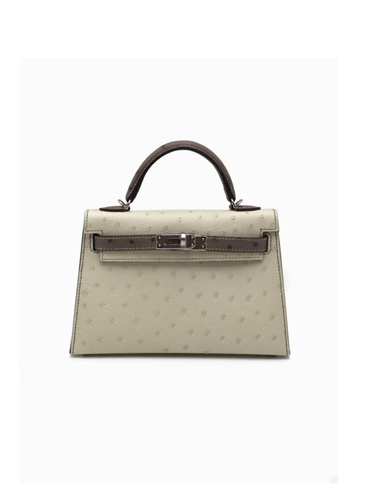 HERMES Mini Kelly ll - Nata/Etoupe 鴕鳥皮奶油白拚大象灰銀 K