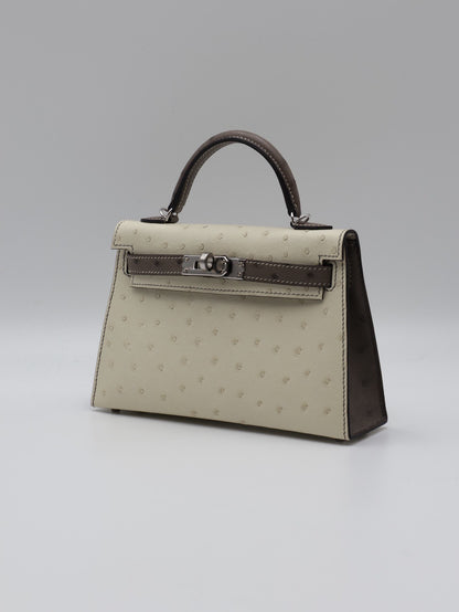 HERMES Mini Kelly ll - Nata/Etoupe 鴕鳥皮奶油白拚大象灰銀 K