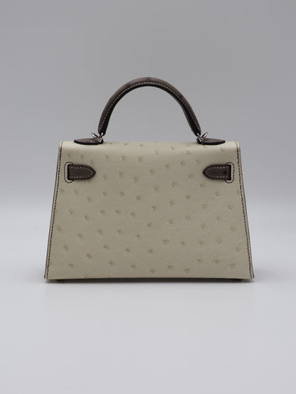 HERMES Mini Kelly ll - Nata/Etoupe 鴕鳥皮奶油白拚大象灰銀 K