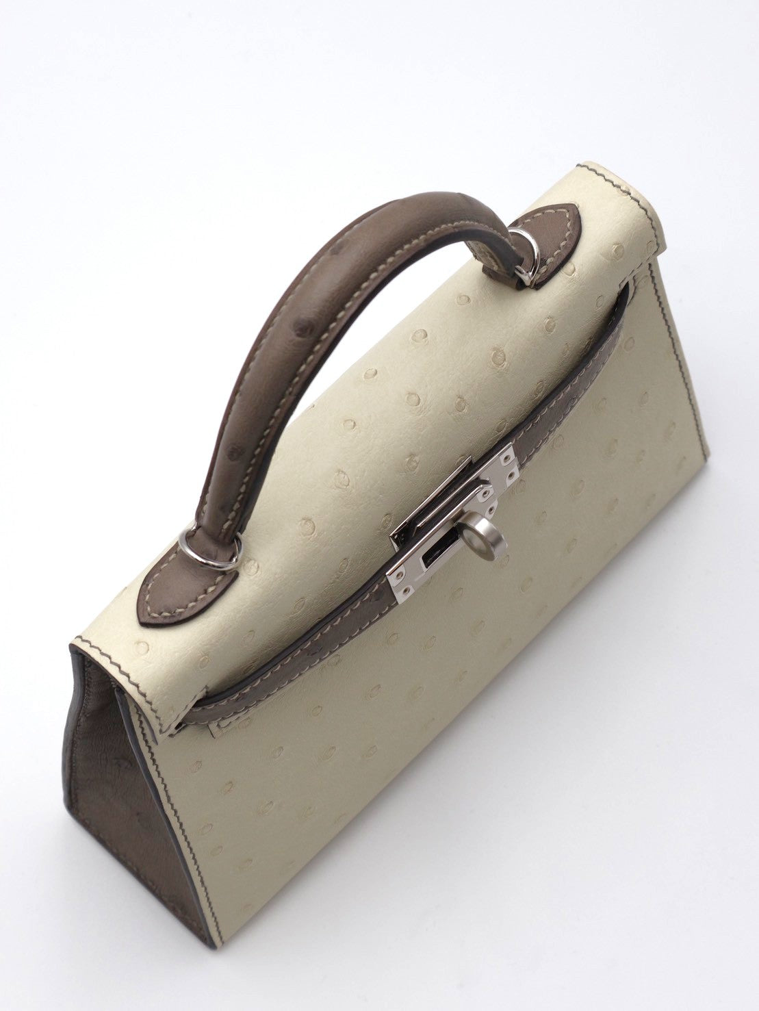 HERMES Mini Kelly ll - Nata/Etoupe 鴕鳥皮奶油白拚大象灰銀 K