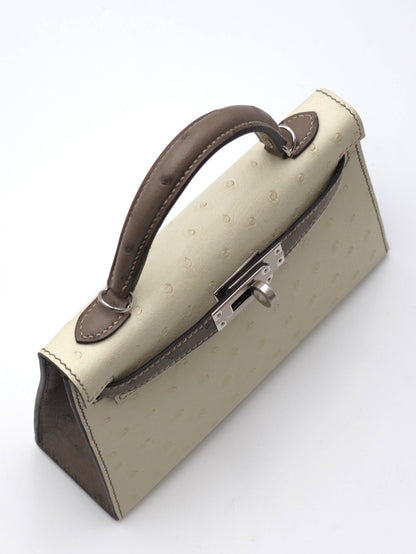 HERMES Mini Kelly ll - Nata/Etoupe 鴕鳥皮奶油白拚大象灰銀 K