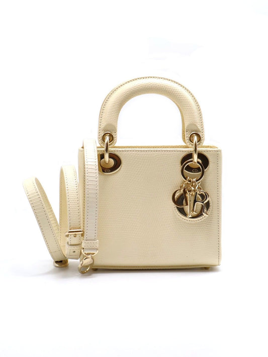 DIOR Lady dior蜥蜴皮戴妃包 - mini米白金