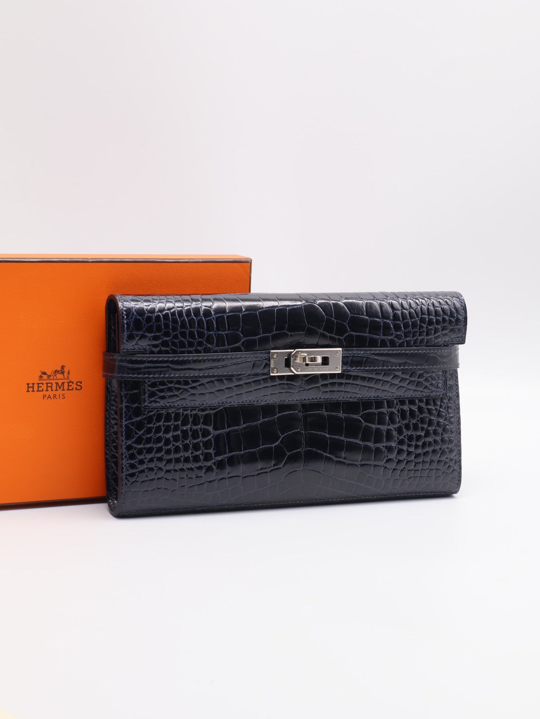 HERMES Kelly wallet - 亮面鱷魚皮深海藍銀 T
