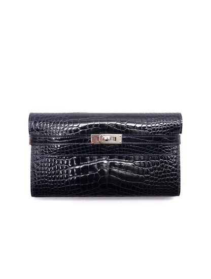 HERMES Kelly wallet - 亮面鱷魚皮深海藍銀 T